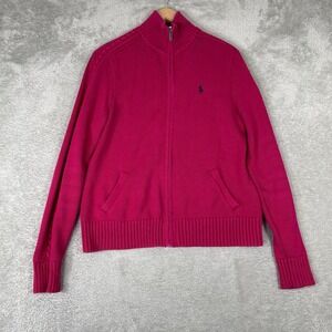 Ralph Lauren Sport Full Zip Sweater Womens Large Pink Cable Knit Mock Neck Y2K